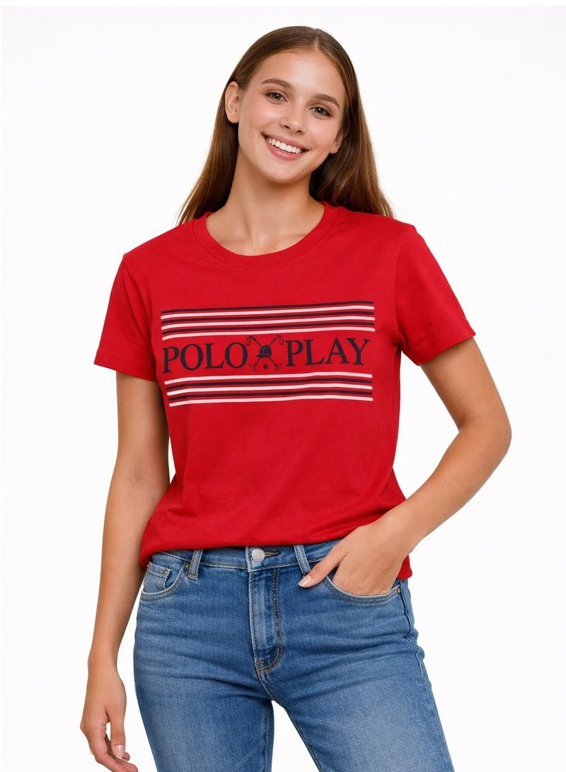 لعب البولو تيشيرت نسائي برسومات - أحمر